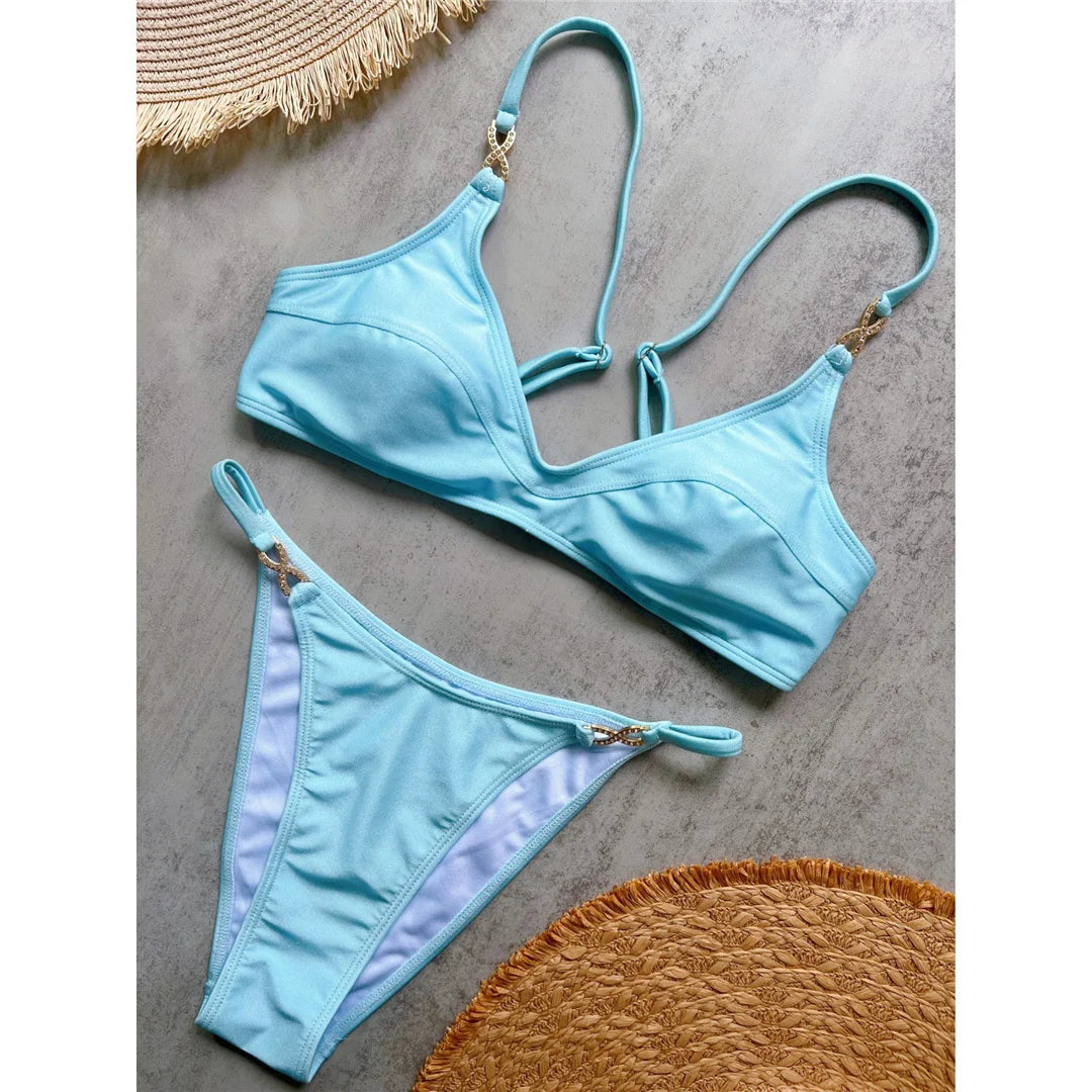 10 Colors V Neck Rhinestones Bikini Female Swimsuit Women Swimwear Two-pieces Bikini Set Padded Bather Bathing Suit Swim V8138