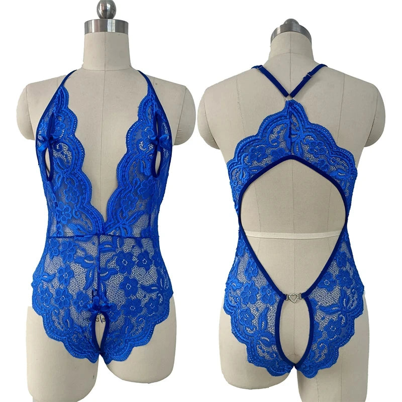 Women Sexy Lace Teddy Lingerie Deep V Mesh Sheer Bodysuit Backless Crotchless One Piece Babydoll Nightwear