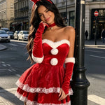 Christmas Santa Bunny Girl Costume Strapless Red Velvet Lace Mini Dress Xmas Halloween Cosplay Outfit With Bunny Headband Gloves