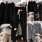 2 Pcs/Set Women Sweatshirt Pants Set Fake Two-piece Crew Neck Loose Elastic Waist Drawstring Casual Women Autumn Tracksuit