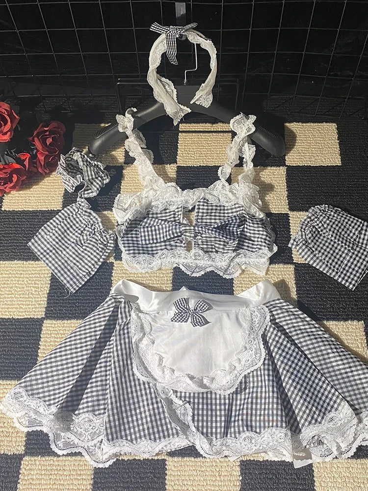 Cute LolitaMaid Bunny Costume Set With Apron Ruffle Cosplay VacationPerfect Halloween Outfit Halter Dress Set Outfit Style