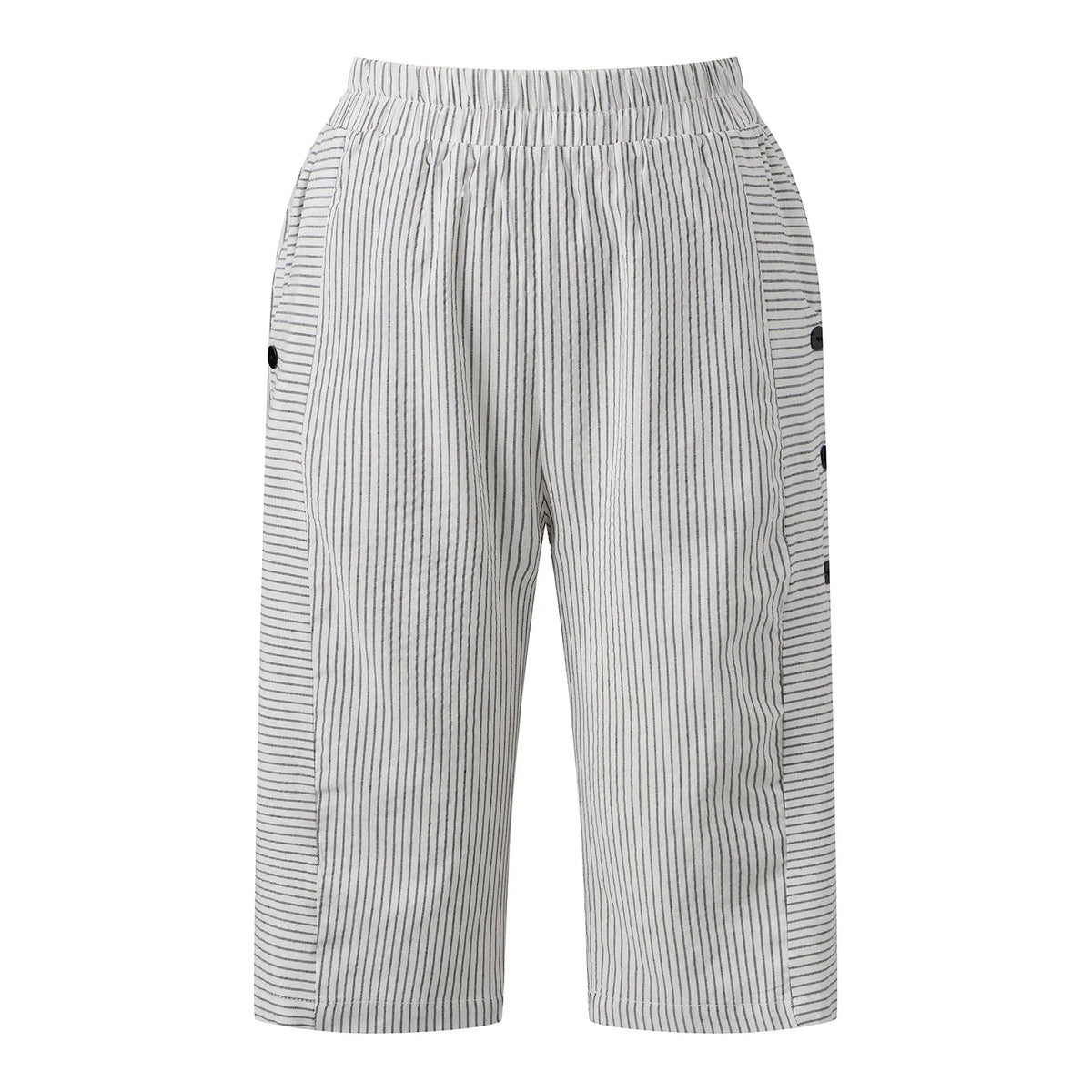 2026 Summer Women Striped Capris Casual Stylish Elastic Waist Side Button Straight-leg Pants Daily Cropped Trousers