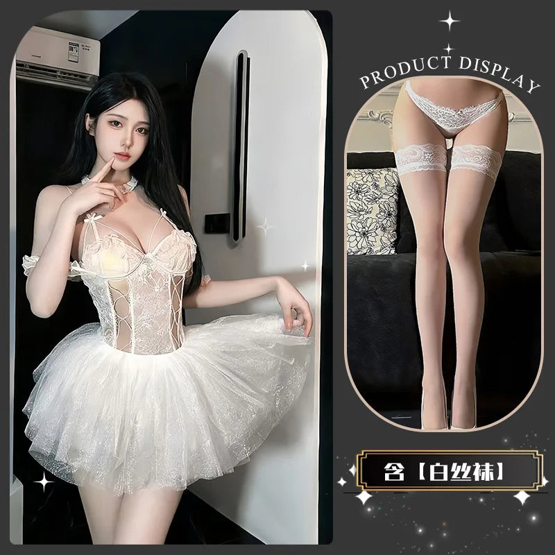 Sweet And Flirty Sexy Pure Desire Dress High-end Sensual And Alluring Erotic Solid Color Mesh Lace Trimmed Dress For Woman Z2YQ