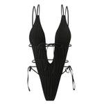 Sexy Backless One Piece Swimsuit Woman 2026 String Texture Swimwear Hollow Out Monokini High Cut Bathing Suit Deep V Neck Bather