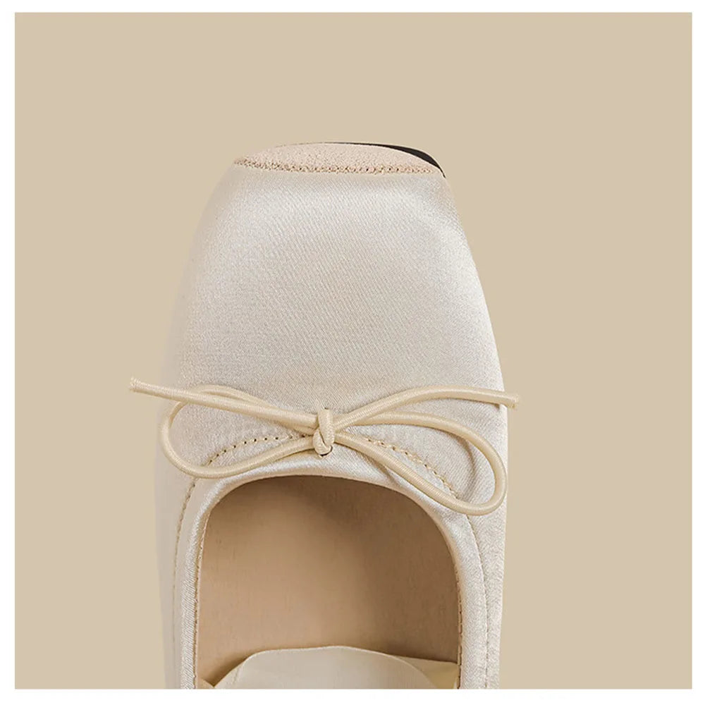 Balletcore Style Satin Lace-Up Flats for Women Black Ballerina Bow Detail Square Toe Ankle Wrap Ribbon Ballet Coquette Shoes