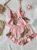 Summer 2-piece Leopard Printed Pajama Set for Women Sexy Ice Silk Stain Casual Crop Tops and Shorts Sleepwear Lounge