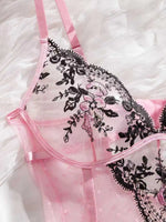 Pink Lace Embroidery Jumpsuit with Black Floral Lace Paneling High-Waist Triangle Pant Design Romantic French Sexy Underwear