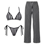 3Pcs Striped Bikini 2026 Bandeau Biquini Women Sexy Swimsuit Push Up Swimwear Female Mesh Pants Bathing Suit Cover Up Beachwear