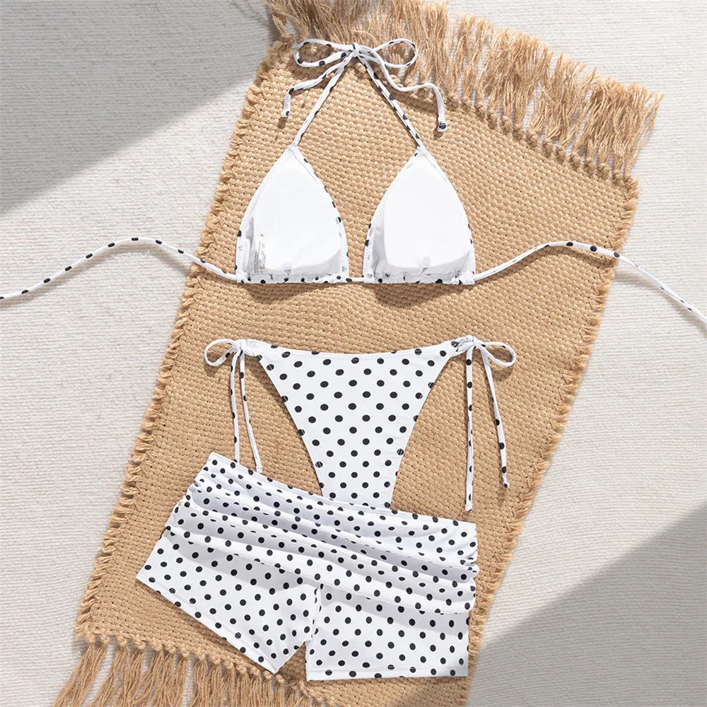 White Dot Print Micro Thong 3 Piece Bikinis Sets Bottoms Shorts Swimwear Sexy Swimsuit Woman 2026 Halter String Triangle Bikini