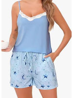 2025 New Womens Cute Star Print Pajama Set Lace Trim V Neck Cami Top and Shorts Two Piece Sleepwear Loungewear Summer Hot
