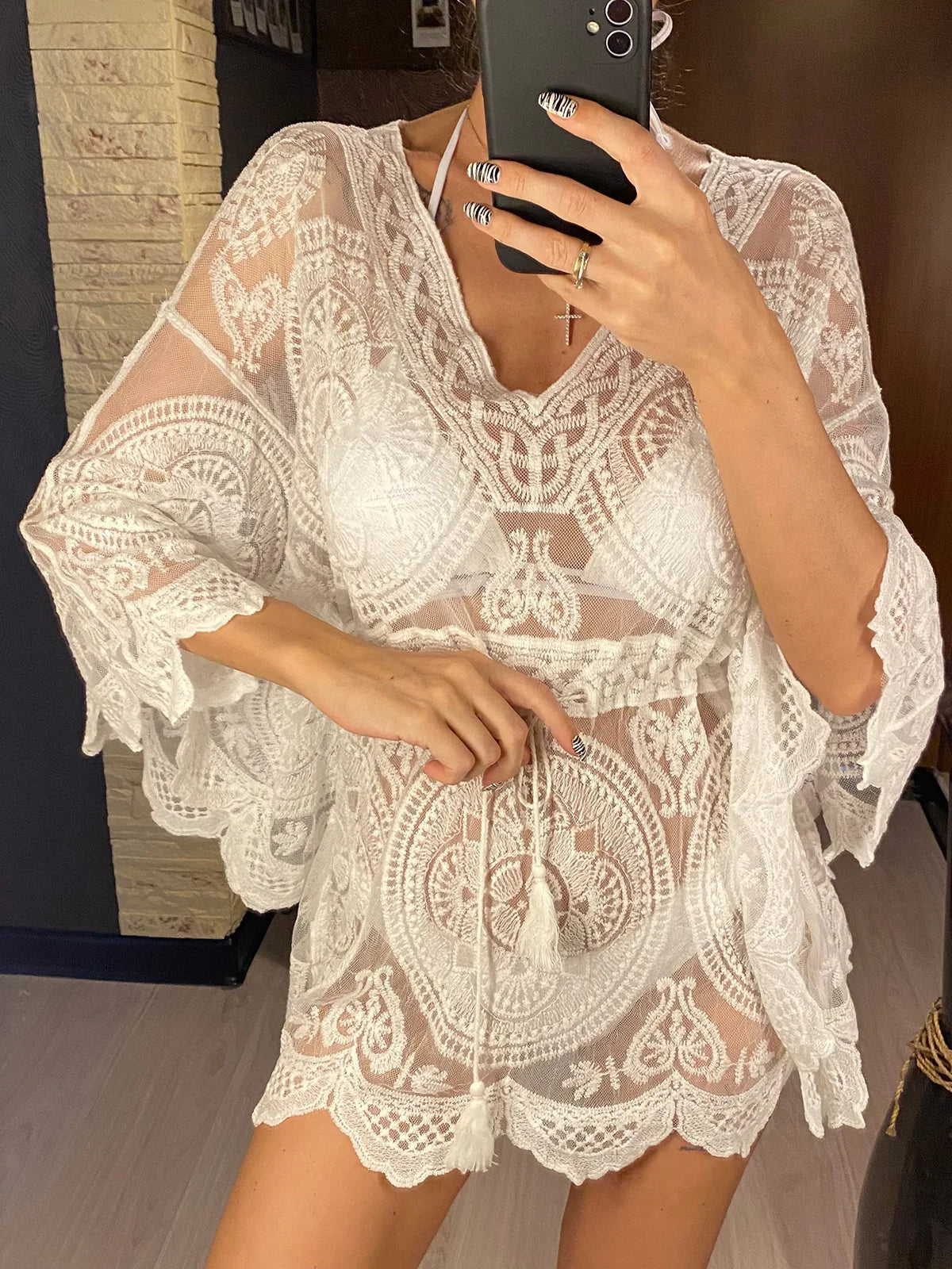 2026 New Sexy Lace See Through Long Sleeve Tunic Beach Cover Up Cover-ups Beach Dress Beach Wear Beachwear Female Women V4528