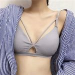 Women Ribbed Knit Bra Front Cutout V Neck Wireless Bralette Fixed Thin Spaghetti Straps Underwear Skin-Friendly Cotton Inner Top