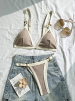 Sexy Khaki Patchwork Micro Bikini 2026 Women Brazilian Push Up Bra Metal Circle Thong Swimsuit Bathing Suit Holiday Swimwear