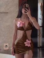 DEKA 2026 New Shiny Pink Flower One Piece Swimsuit High Cut Sleeveless Glossy Bodysuit Sexy Back Monokini Swimwear Beachwear