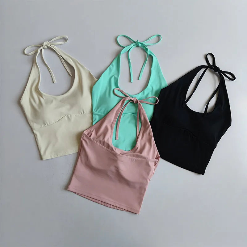 Women's Halter Neck Sports Bra Vest Slimming Tube Top for Yoga Gym Running Beautiful Back Sling Design One Cup Gathered Summer F