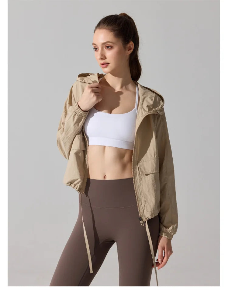 Outdoor Windproof Mountaineering Jacket Women Fashion Lightweight Sun Protection Sports Hooded Top Casual Loose Hiking Yoga Suit
