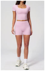 Speed Drying Tight Yoga Sets Women Color Contrast Short Sleeve Slim Sports Top High Waist Leggings Running Fitness Athletic Wear
