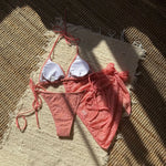Mesh Sarong Lace Halter High Cut Bikini Female Swimsuit Women Swimwear Three-Pieces Bikini Set Bather Bathing Suit Swim V6284
