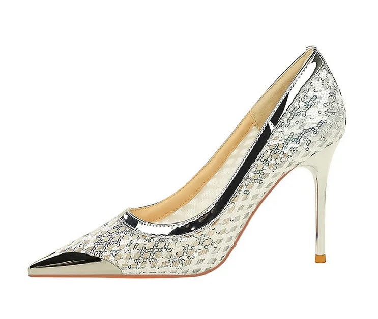 BIGTREE 2026 Fashion Metal Decoration Mesh Hollow Pointed Toe Woman Pumps Thin Heels Party Ladies Shoes Zapatillas De Mujer