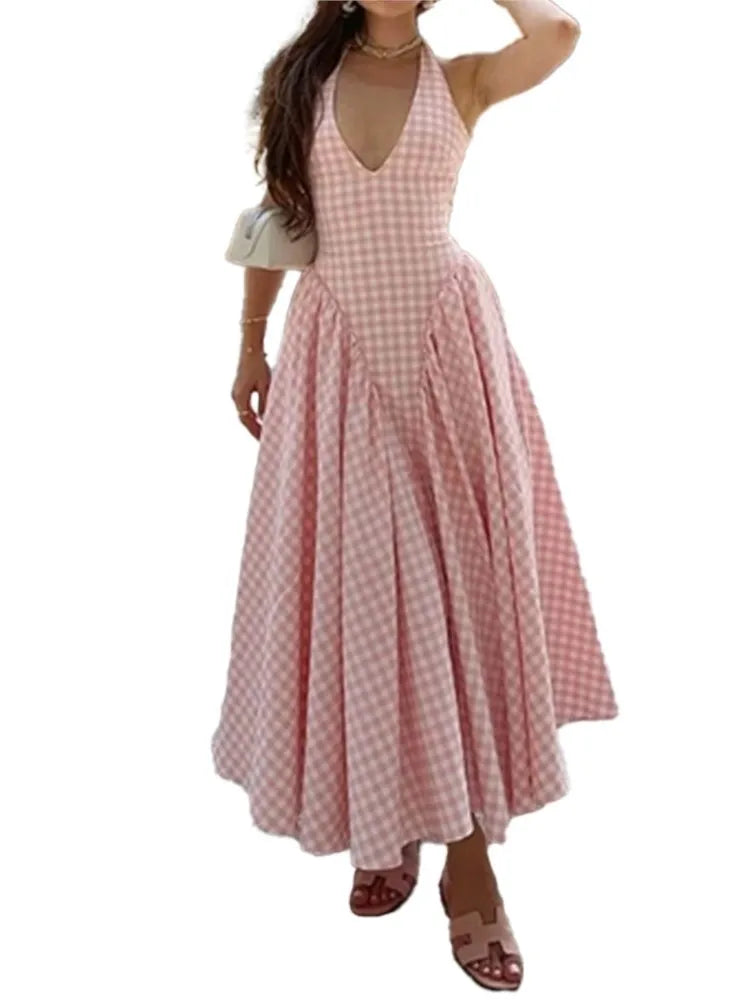 Elegant V-Neck Pleated Long Dresses Women High Waist Summer 2025 French Style Fashion V-neck Backless Lace-up Vacation Vestidos