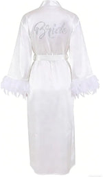 Bride Robe with Feather for Wedding Day Bridal Satin Robe Sexy Silk Bride Bathrobe for Women Bachelorette Wedding Party Getting