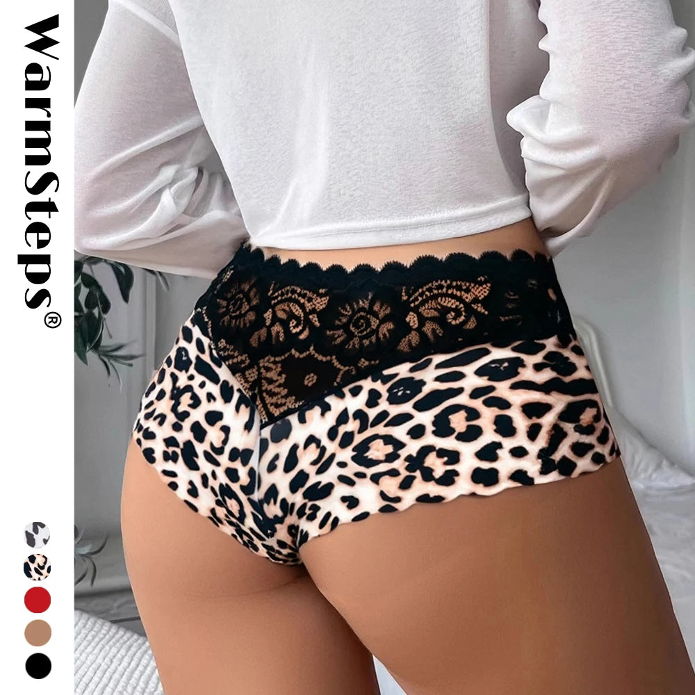Women's Lace Panties Stretchy Comfortable Underwear Sexy Leopard Lace Contrast Fashion Ladies Underpants Seamless Safe Shorts XL