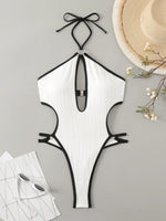 DEKA White Hollow One Pieces Swimsuit Women's Beaded HalterBathing Suit Bodysuit Vacation Swimwear Beach Wear