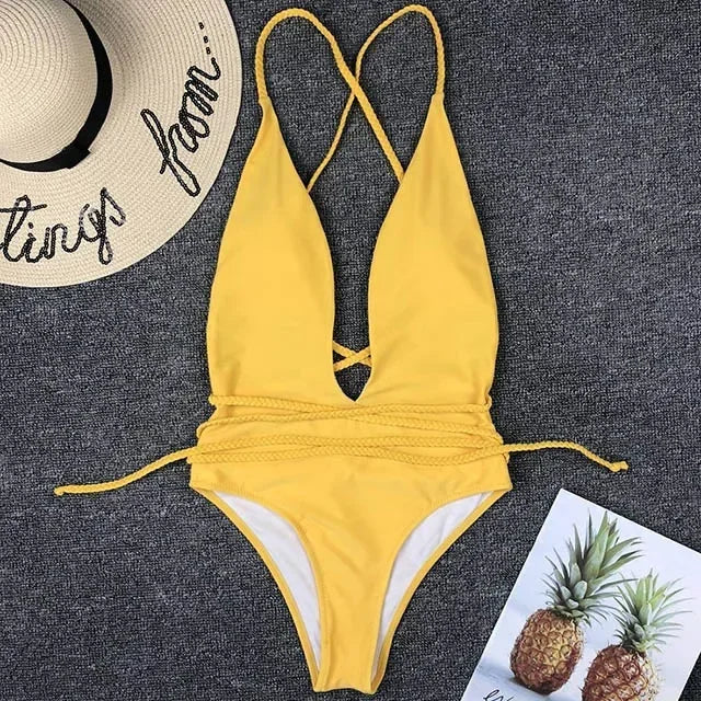 New 2025 Sexy Deep V Neck Wrap Around Female Swimwear One Piece Swimsuit Women Backless Monokini High Cut Bathing Suit Swim Lady