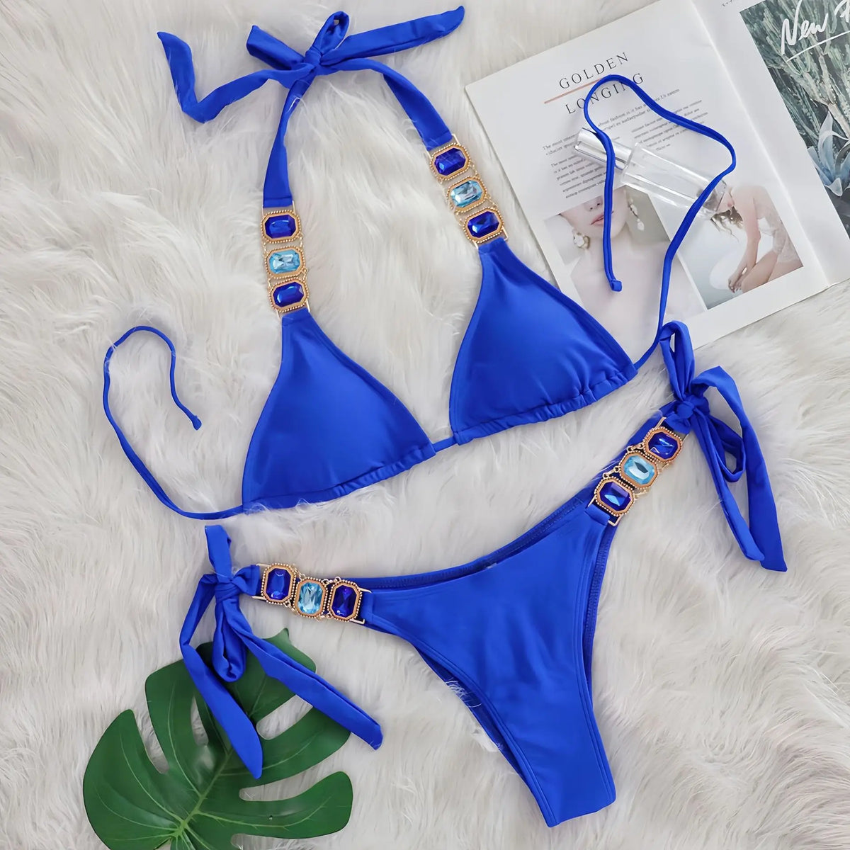 DEKA Women's Rhinestone String Green Bikini Set Sexy Female Beach Vacation 2 Piece Swimsuit