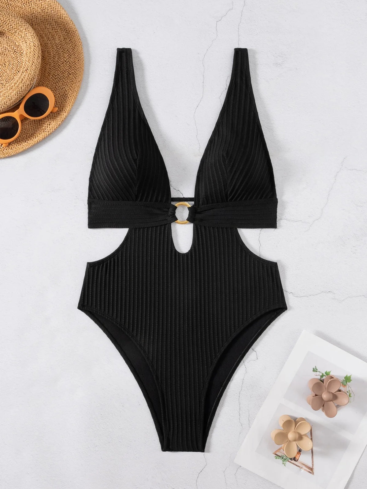 DEKA Sexy Ribbed One Piece Swimsuit Hollow Out Swimwear Women Female Deep V-neck Bathing Suit Beach Wear Push Up Monokini Swim