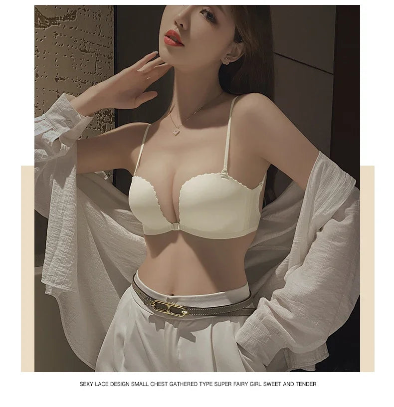 Front Button Underwear Women's Small Chest Pull Up To Show Large Summer Thin Collection Breast Anti-sag White Thin Strap Bra