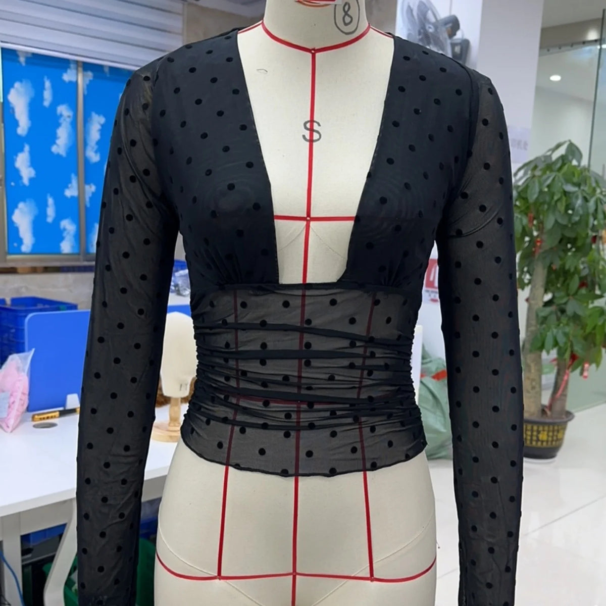 Women Perspective Dot Print Long Sleeve V Neck T-shirts Spring Summer Sexy Open Back Mesh Cropped Tops