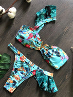 Flower Printed One Shoulder Bikini Women Swimwear Female Swimsuit Frilled Bather Bathing Suit Swim Two-pieces Bikini set K8049