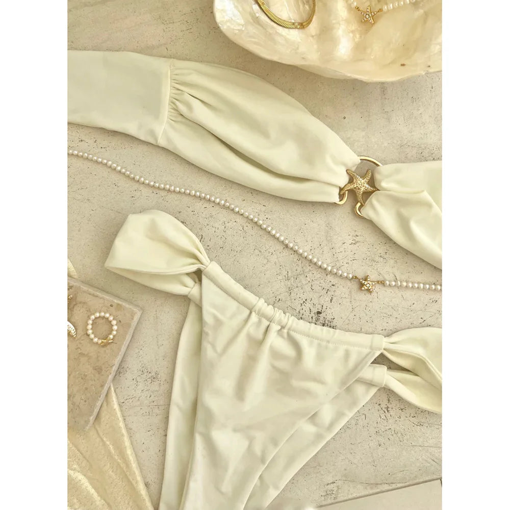 Sexy Bikinis 2024 Swimsuit For Women Starfish Swimwear Brazilian Bikini Set Biquini Female Swimming Suit Bandeau Solid Beachwear