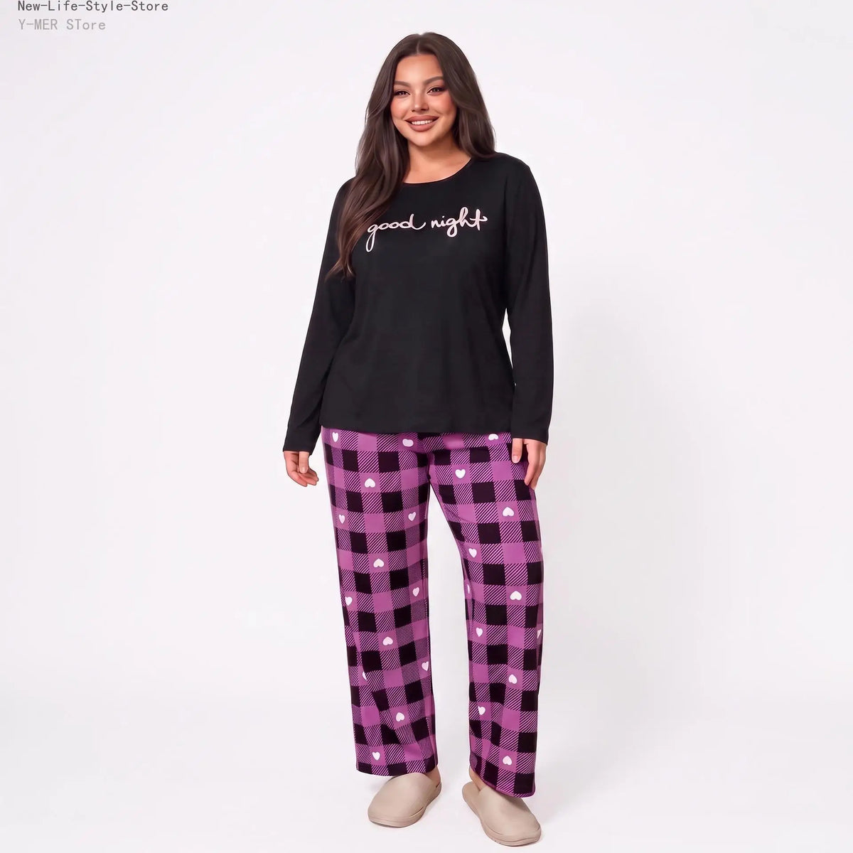Women Plus Size Milk Silk Pajama Set Plaid Letter Print Long Sleeve Autumn Winter Ladies Casual Home Sleepwear