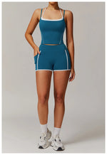 Yoga Shorts Sets Fake Two Piece Hanging Neck Shockproof Vest High Waist Pants Fitness Suit Breathable Women's Tight Sports Set