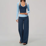 Women 2/3Piece Yoga Set Fitness Suit Gym Clothing Workout Tracksuit Sportswear Colorblock Halter Long Sleeve Top Wide Leg Pants