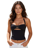 Women’s Solid Color Vest Halter Tops Front Metal Cut Out Sleeveless Slim Fit Tank Tops Summer Sexy Elegant Streetwear