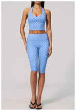 New Summer Women White Polka Dot Print Yoga Sets Hanging Neck Slim Sport Vest High Waist Mid Pants Gym Two-piece Workout Clothes