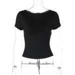 FDYOUI Fashion Casual Backless Lace-up T-shirts Women's Summer O-neck Short Sleeve Cropped Tops Streetwear Y2K Solid Tee Shirt