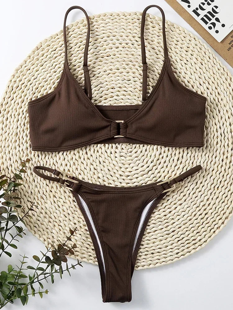 Sexy Ribbed Metal Rings High Cut Bikini Female Swimsuit Women Swimwear Two-pieces Bikini Set Micro Thong Bathing Suit Swim Lady