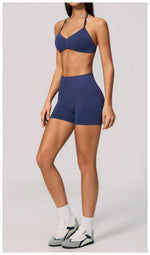 Seamless Yoga Suit Women Exposed Back Pleate Sports Bra High Waist Shorts Fitness Sets Outdoor Running Athletic Wear Tracksuit