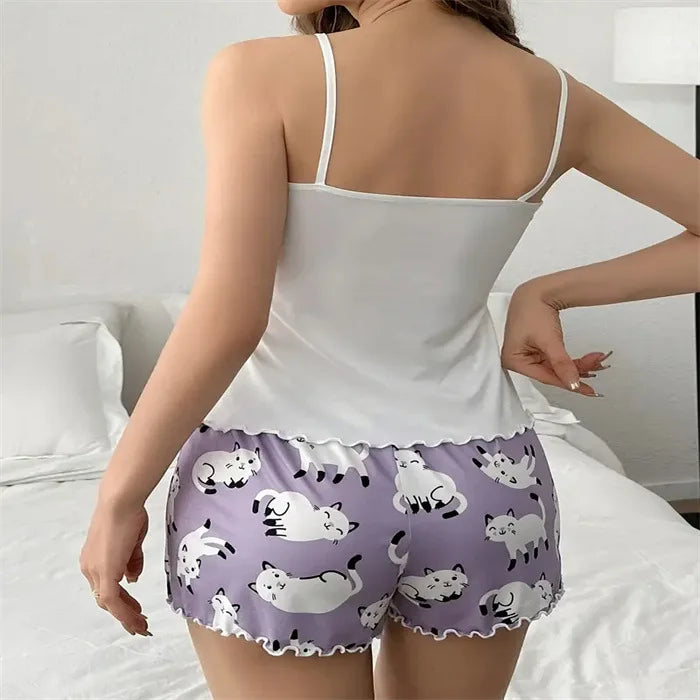 New Women's Fun Printed Suspender Top with Shorts Pajama Set Casual Home Style Pajamas for WomenSleepwear Lingerie