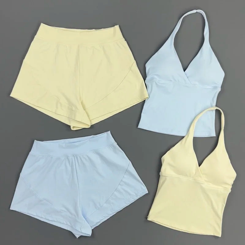 2 Piece Yoga Set Women Halter Deep V Neck Wrap Top Quick‑Dry Athletic Shorts Stretchy Gentle on Skin Suit Gym Workout Sportswear
