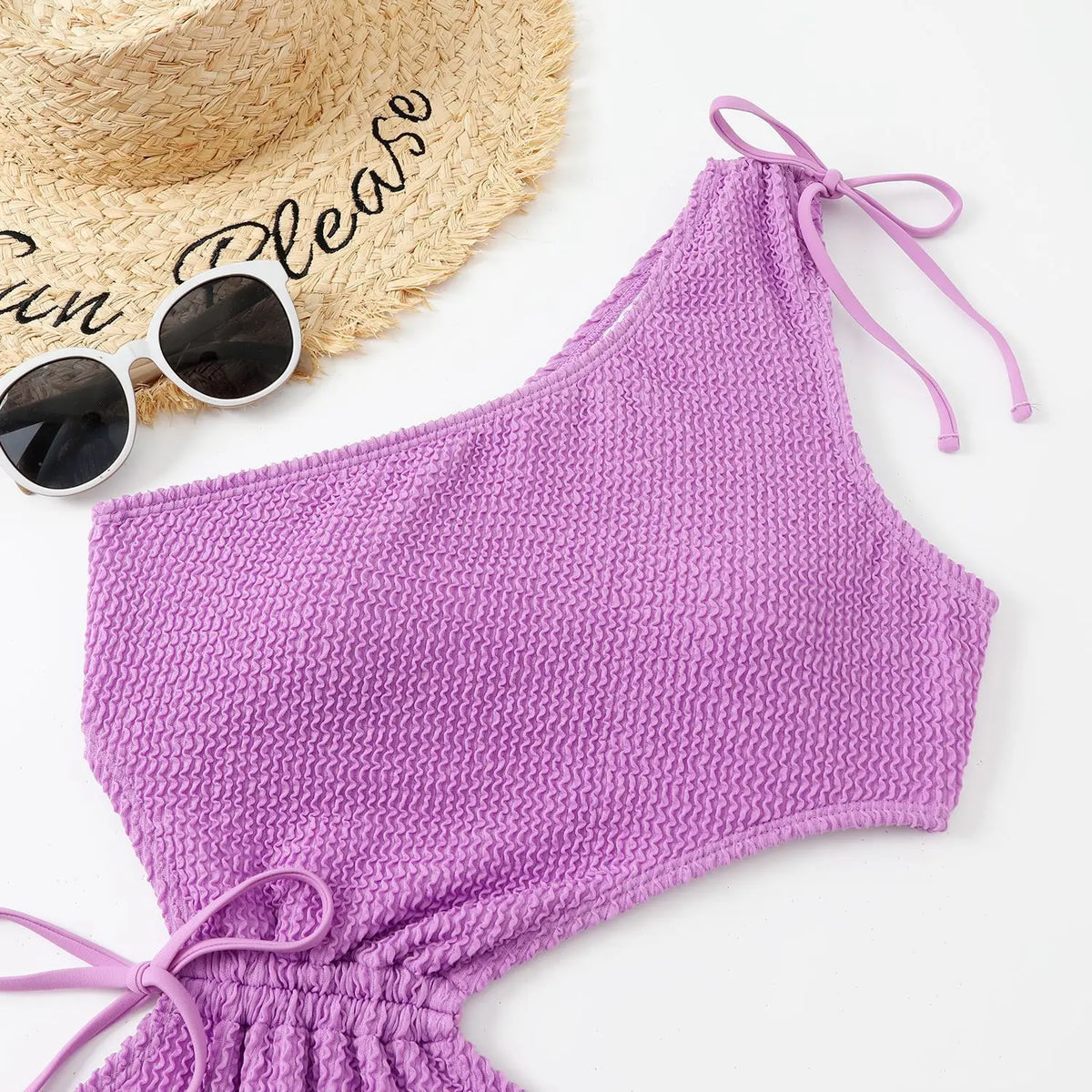 One Shoulder Women's Swimsuit One Piece Cut Out Sexy Swimwear Women 2022 Textured Monokini Solid Bathing Suit Beach Wear Purple