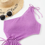 One Shoulder Women's Swimsuit One Piece Cut Out Sexy Swimwear Women 2022 Textured Monokini Solid Bathing Suit Beach Wear Purple