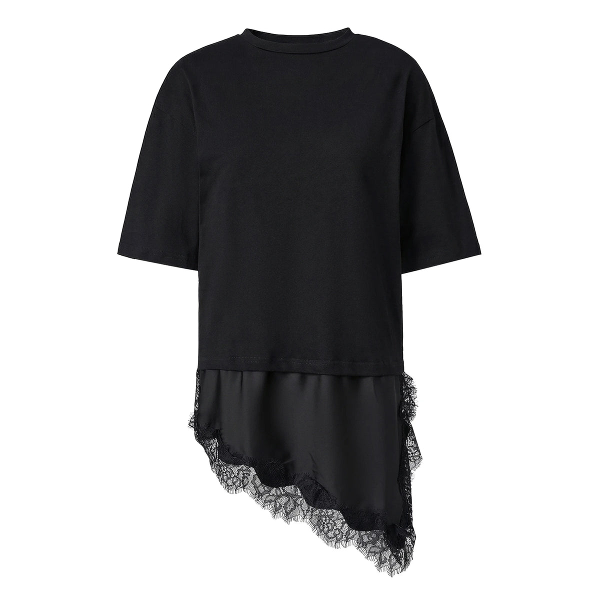 Women 3/4 Length Sleeve Crew Neck Casual Loose Fit Long Tops Summer Lace Patchwork Hem Solid Color T Shirts