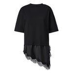 Women 3/4 Length Sleeve Crew Neck Casual Loose Fit Long Tops Summer Lace Patchwork Hem Solid Color T Shirts