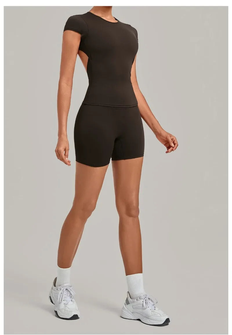 Women's Seamless Yoga Sets Sports Fitness Workout Hip-lifting High Waist Shorts Backless Short-sleeve Vest Suit Gym Training Set