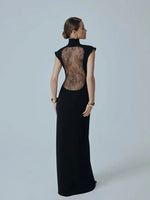 Ahagaga Fashion Sexy Women's Maxi Dresses Turtleneck Short Sleeves Hollow Out Lace Patchwork Sheath Split Party Solid Vestidos